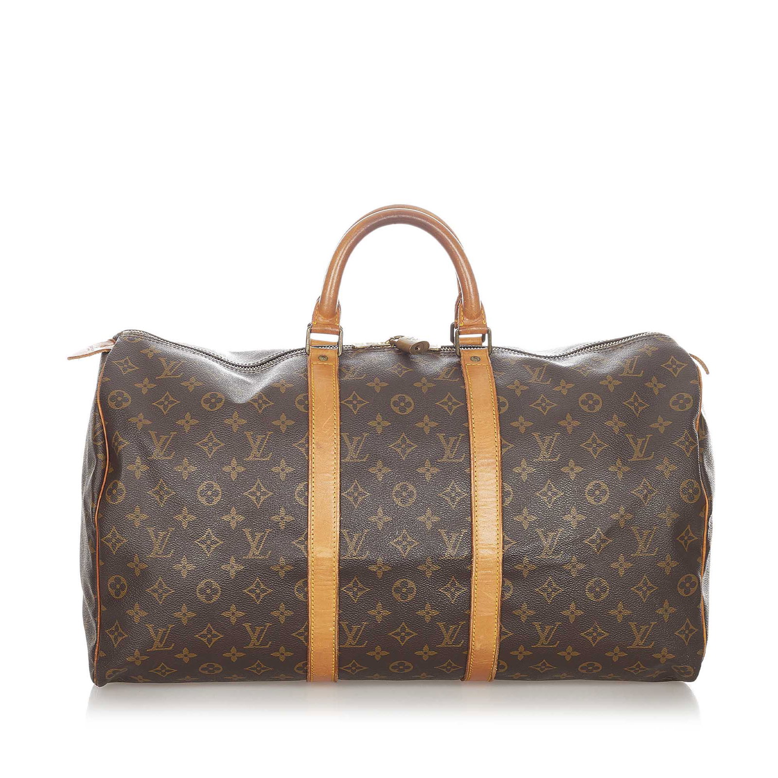 Authentic Louis Vuitton Monogram Keepall 50: This item qualifies for FREE DOMESTIC SHIPPING to customers in the USA The Keepall 50 features a monogram canvas body rolled leather handles and a top zip closure. Brand: Louis Vuitton Model: Monogram