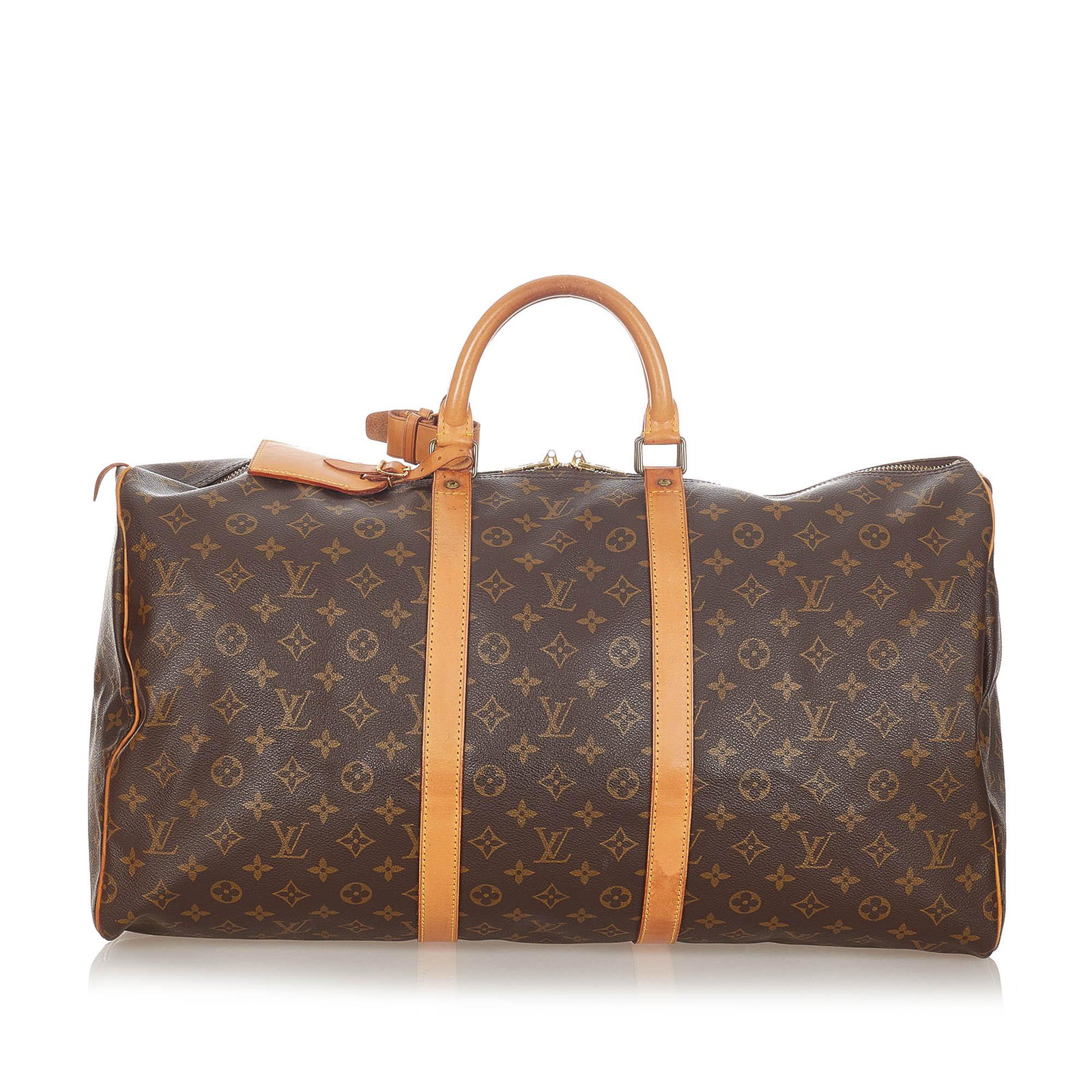 Authentic Louis Vuitton Monogram Keepall 55: This item qualifies for FREE DOMESTIC SHIPPING to customers in the USA The Keepall 55 features a monogram canvas body with leather trim rolled leather handles and a top zip closure. Brand: Louis Vuitt