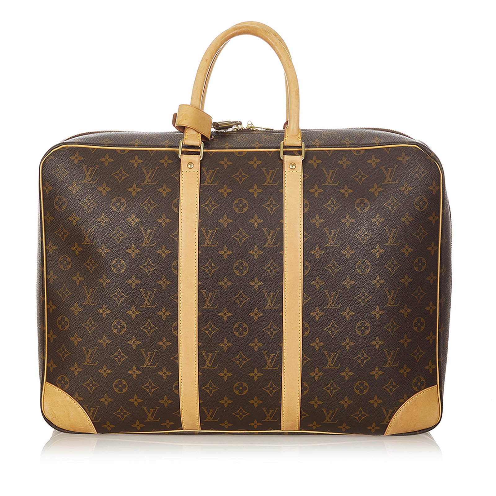 Authentic Louis Vuitton Monogram Sirius 50: This item qualifies for FREE DOMESTIC SHIPPING to customers in the USA The Sirius 50 features a monogram canvas body rolled leather handles a zip around closure and an interior slip compartment. Brand