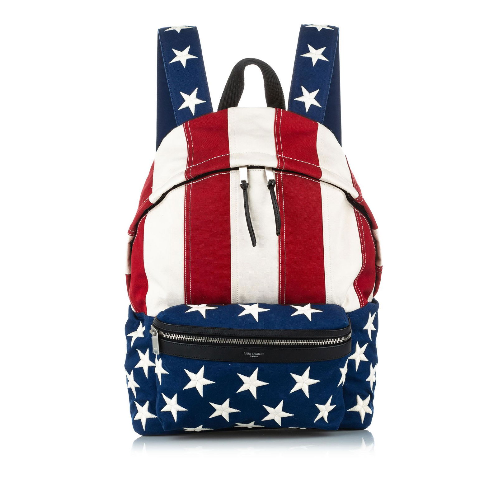 Authentic YSL American Flag City Canvas Backpack: This item qualifies for FREE DOMESTIC SHIPPING to customers in the USA The City backpack features a printed canvas body a front exterior zip compartment a flat top handle flat back straps a top zip cl
