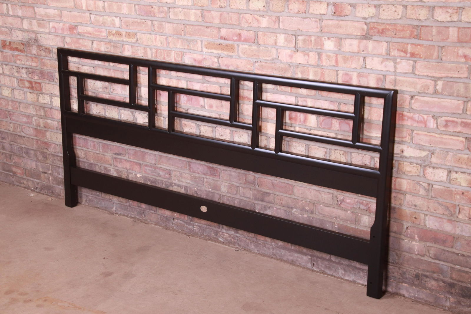 Michael Taylor for Baker Far East Collection Black: A gorgeous mid-century modern Hollywood Regency Chinoiserie king size headboard By Michael Taylor for Baker Furniture "Far East" Collection USA 1950s Black lacquered walnut with Asian-inspired design.