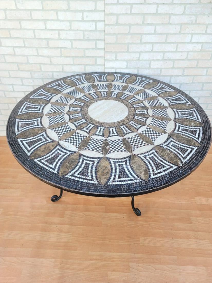 Italian Handmade Multi Color Mosaic Dining Table: Italian Handmade Multi Color Round Mosaic Dining Table on Wrought Iron Base Outdoor or Indoor Gorgeous One of a Kind Custom 52 Round Cement Slab Table Top with Multi-Shaded Brown and White Hand Cut an