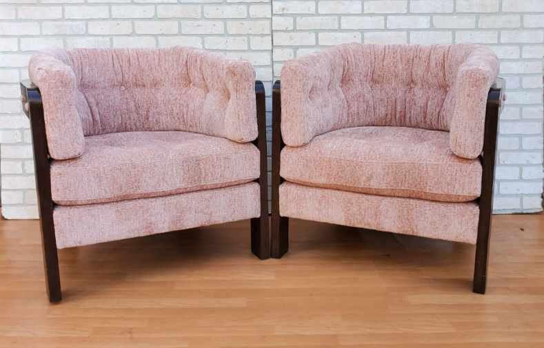 Mid Century Modern Italian Wood Frame Barrel Back Club: Mid Century Modern Italian Wood Frame Barrel Back Club Chairs Newly Upholstered in a High End Plush Blush Sheeps-Wool Boucle - Pair This pair of vintage chairs features unique wooden frames tufted bac