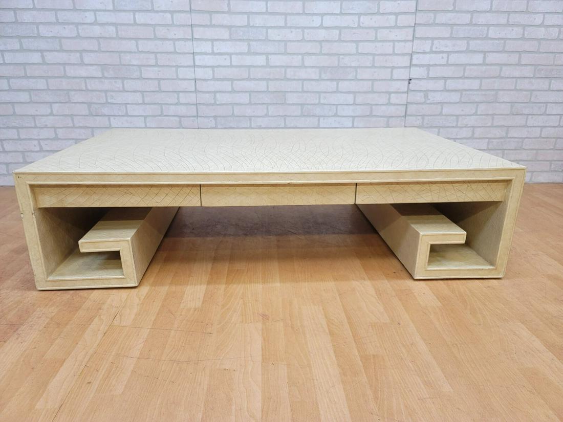 Thomas Pheasant for Baker Greek Key Crackle Lacquer: Thomas Pheasant for Baker Greek Key Crackle Lacquer Coffee Table Monumental Greek scroll shaped coffee table designed by Thomas Pheasant for Baker Furniture Company. Cream colored crackled lacquer fin