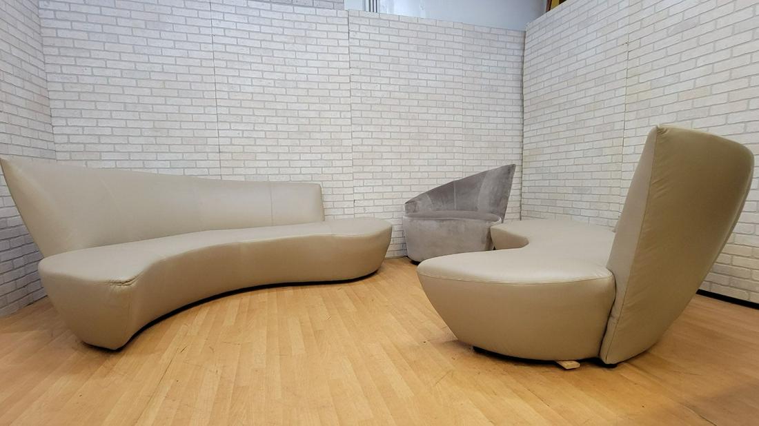Vladimir Kagan Serpentine Bilbao Sculptural Sofa &: Mid Century Modern Vladimir Kagan Asymmetrical Serpentine Bilbao Sculptural Sofa Newly Upholstered in High End Holly Hunt â€œPutty” Leather and Swivel Lounge Chair Newly Upholstered in High