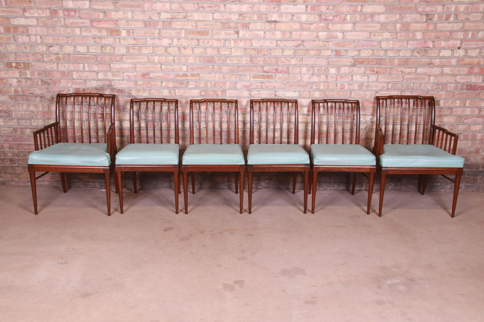 John Widdicomb Mid-Century Modern Sculpted Walnut: A gorgeous set of six mid-century modern dining chairs In the manner of T.H. Robsjohn-Gibbings By John Widdicomb USA Circa 1950s Sculpted walnut with original light blue vinyl upholstered seats. Measu