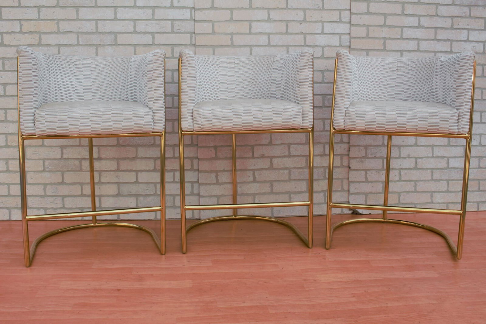Mid Century Modern Custom Designer Barrel Back Bar: Mid Century Modern Custom Designer Barrel Back Bar Stools on Brass Bases Newly Reupholstered in High End Italian Patterned Cream and Gold Velvet Chenille - Set of 3 Circa 1990 H 36 W 24” D 22 Se