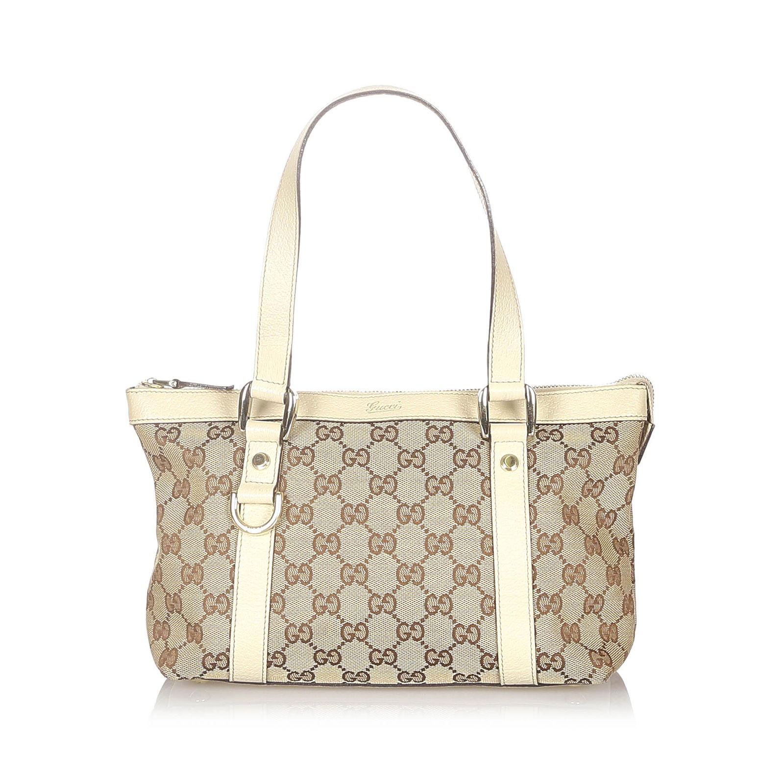 Authentic Gucci GG Canvas Abbey Shoulder Bag: This item qualifies for FREE DOMESTIC SHIPPING to customers in the USA This shoulder bag features a canvas body with leather trim flat leather straps top zip closure and an interior zip and slip pocke