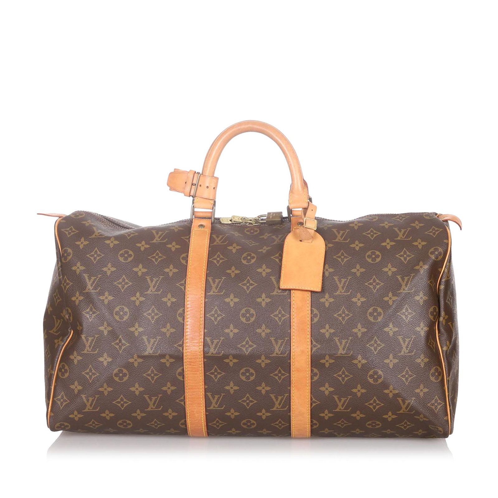 Authentic Louis Vuitton Monogram Keepall 55: This item qualifies for FREE DOMESTIC SHIPPING to customers in the USA The Keepall 55 features a monogram canvas body with leather trim rolled leather handles and a top zip closure. Brand: Louis Vuitt