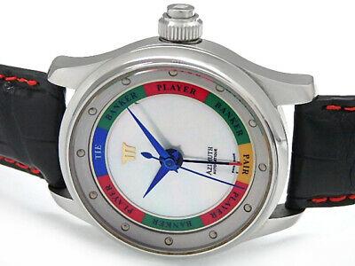 Authentic AZIMUTH Baccarat Marina Bay Sands 266-11E: This item qualifies for FREE DOMESTIC SHIPPING to customers in the USA Azimuth Model: 266-11E Movement automatic Material SS / leather Case width (mm) 42 Arm circumference (cm) 15.5-19 Accessories Box