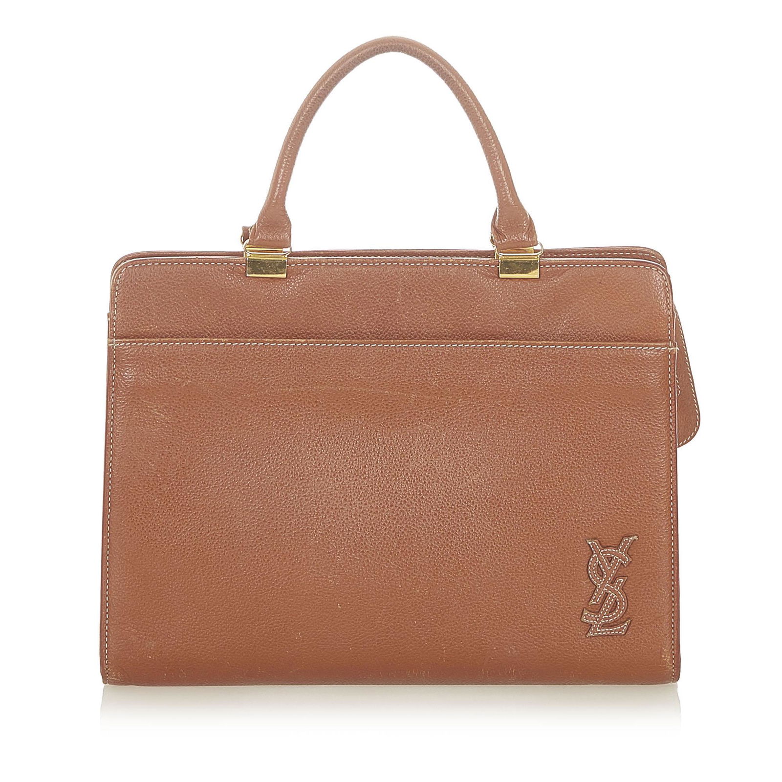 Authentic YSL Leather Handbag: This item qualifies for FREE DOMESTIC SHIPPING to customers in the USA This handbag features a leather body an exterior front slip pocket rolled leather handles a top zip closure and interior zip and