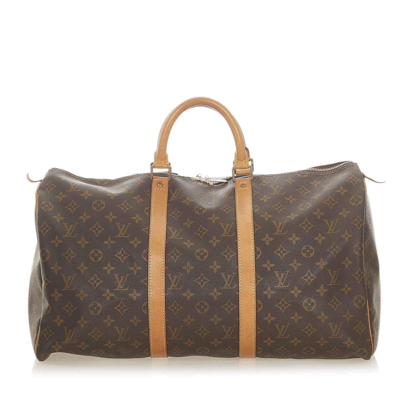 Authentic Louis Vuitton Monogram Keepall 50: This item qualifies for FREE DOMESTIC SHIPPING to customers in the USA The Keepall 50 features a monogram canvas body rolled leather handles and a top zip closure. Brand: Louis Vuitton Model: Monogram