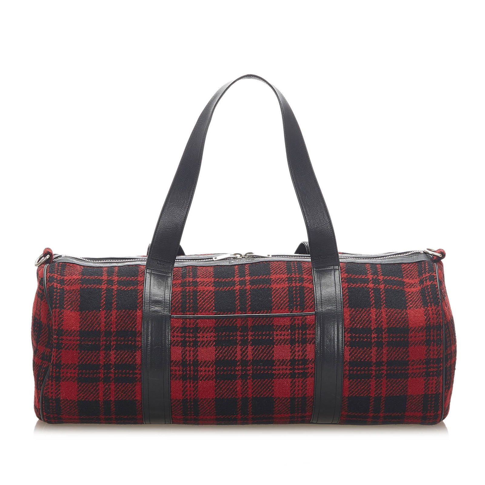 Authentic YSL Printed Wool Travel Bag: This item qualifies for FREE DOMESTIC SHIPPING to customers in the USA This travel bag features a wool body a front exterior flap pocket a leather top handle a top zip closure and an interior zip pock