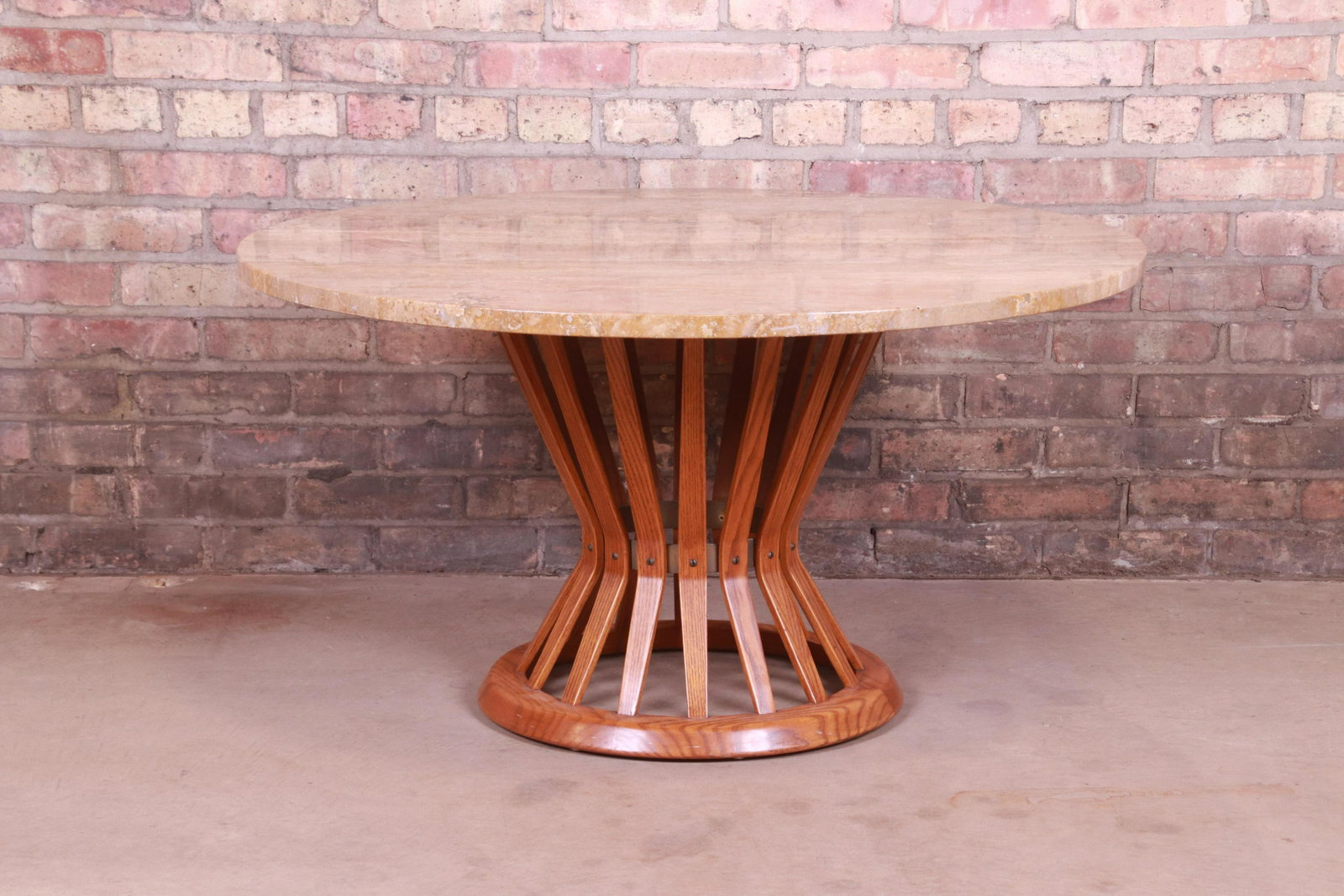 Edward Wormley for Dunbar Sheaf of Wheat Marble Top: A gorgeous mid-century modern sheaf of wheat coffee or cocktail table By Edward Wormley for Dunbar Furniture USA 1950s Sculpted walnut base in sheaf of wheat form with brass accent and Italian marble 