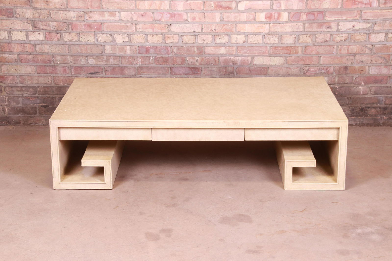 Thomas Pheasant for Baker Furniture Greek Key Coffee: A beautiful large scale Greek Key or Asian Scroll coffee or cocktail table By Thomas Pheasant for Baker Furniture USA Circa 1990s Wood frame with unique crackle lacquered finish. Measures: 60"W x 36"D