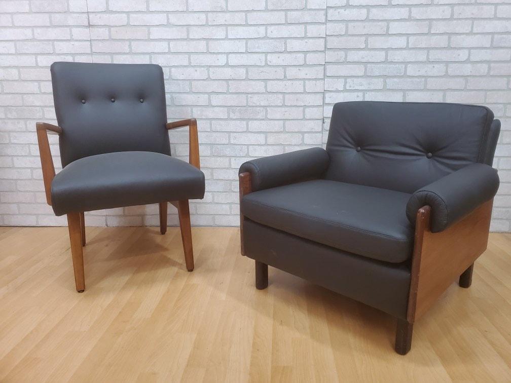 Mid Century Modern Danish Jens Risom Style Lounge: Mid Century Modern Danish Jens Risom Style Lounge Chairs Newly Upholstered in Black Leather - Set of 2 Gorgeous Mid Century Modern Danish Lounge Chairs as a Set or Separately. Designed after Jens Riso