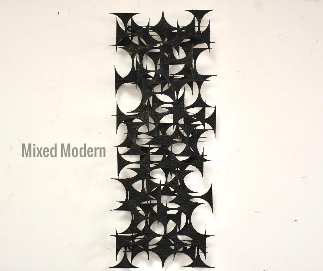 Marc Creates Brutalist Wall Sculptural Art: A mid century modern welded steel brutalist wall sculpture made by Marc Creates. Can be hung vertically or horizontally. 38.75” wide. 16” tall. Dimensions: 38.75ÊºW Ã— 4ÊºD Ã— 16