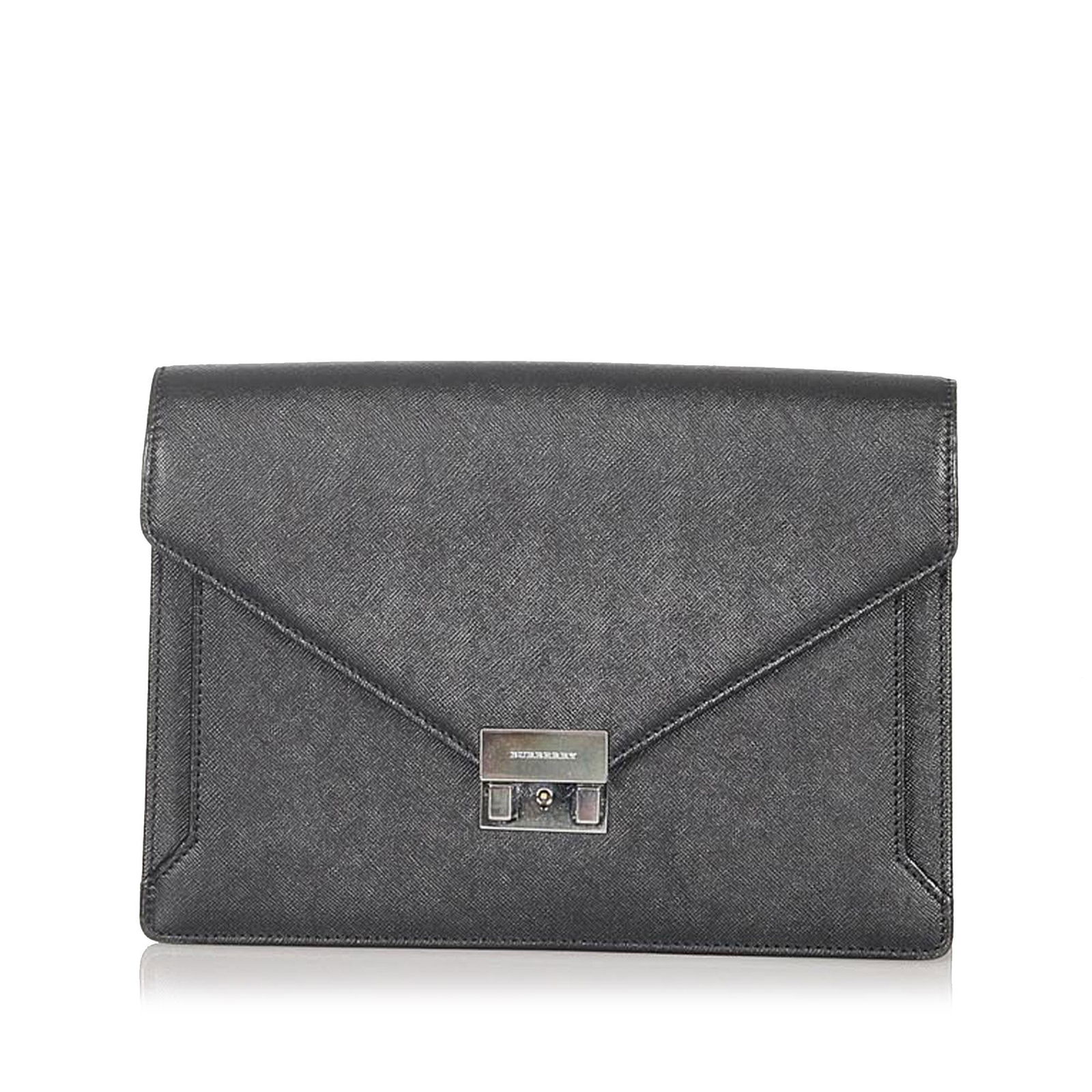 Authentic Burberry Leather Clutch Bag: This item qualifies for FREE DOMESTIC SHIPPING to customers in the USA This clutch bag features a leather body a flat wrist strap a front flap with metal closure and an interior zip pocket. Brand: Bur