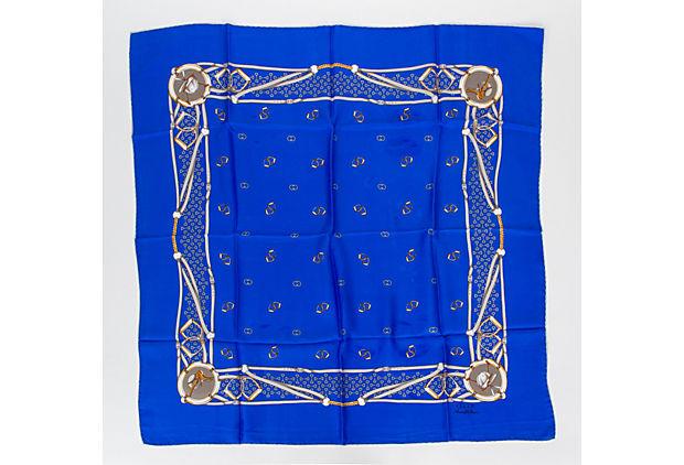 Authentic Gucci Electric Blue Stirrups Silk Scarf: This item qualifies for FREE DOMESTIC SHIPPING to customers in the USA Condition: Good; minor stains please refer to photos Era: Contemporary; 2000s Dimensions: 34" L x 34" W Materials: silk Color: el