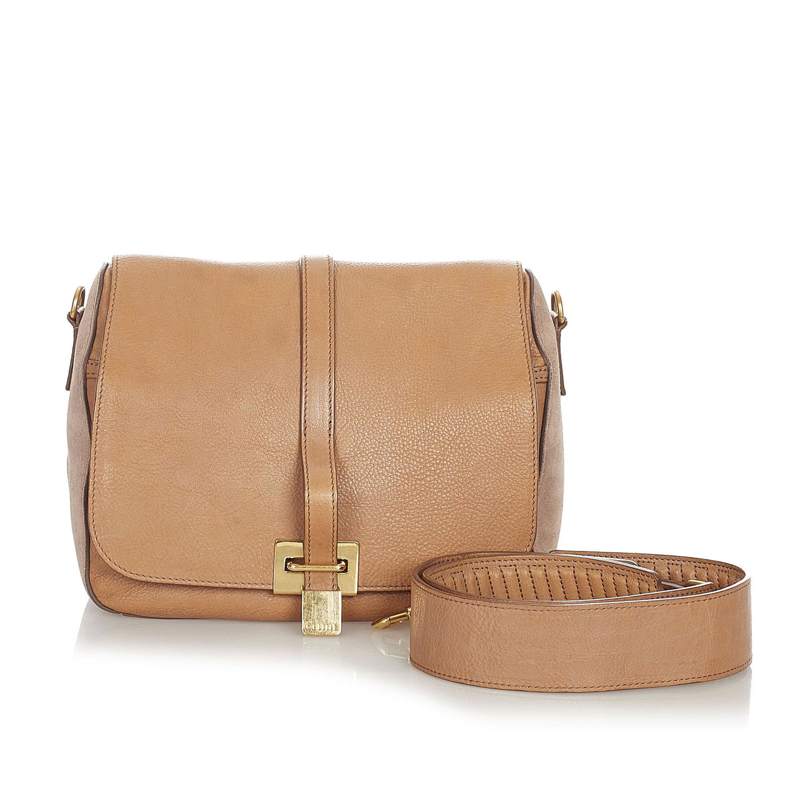 Authentic Celine Leather Crossbody Bag: This item qualifies for FREE DOMESTIC SHIPPING to customers in the USA This crossbody bag features a leather body a flat leather strap front flap with slip through closure and interior pockets. Brand:
