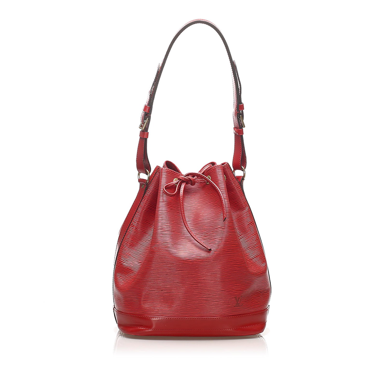 Authentic Louis Vuitton Epi Noe: This item qualifies for FREE DOMESTIC SHIPPING to customers in the USA The Noe features an epi leather body adjustable flat strap open top with a drawstring closure Alcantara lining and an interior zi
