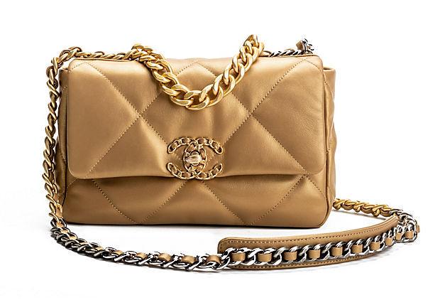 Authentic Chanel Brand New Gold 19 Bag Rare: This item qualifies for FREE DOMESTIC SHIPPING to customers in the USA Condition: New Era: Contemporary; 2000s Dimensions: 10" L x 3.5" W x 6.5" H Materials: metal leather Color: gold ruthenium Chanel