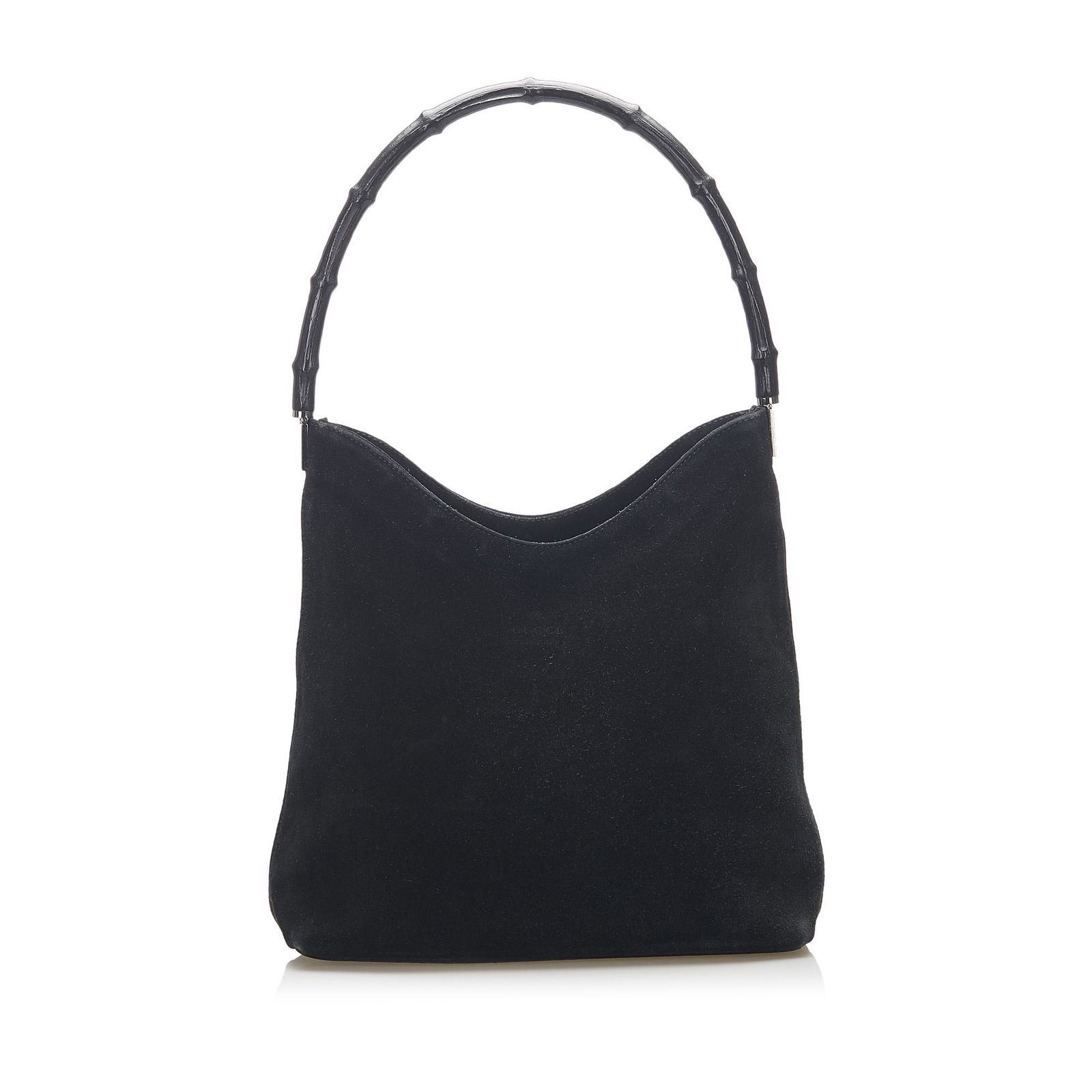 Authentic Gucci Bamboo Suede Shoulder Bag: This item qualifies for FREE DOMESTIC SHIPPING to customers in the USA This shoulder bag features a suede body a bamboo top handle an open top with magnetic closure and an interior zip pocket. Brand: