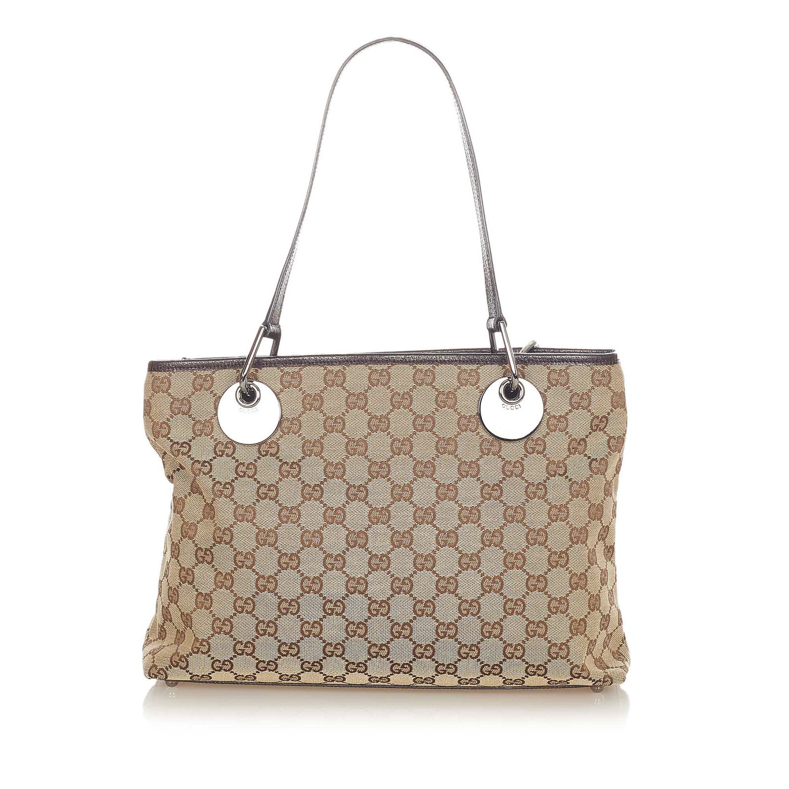 Authentic Gucci GG Canvas Eclipse Shoulder Bag: This item qualifies for FREE DOMESTIC SHIPPING to customers in the USA The Eclipse shoulder bag features a canvas body with leather trim flat leather straps an open top an interior zip compartment and