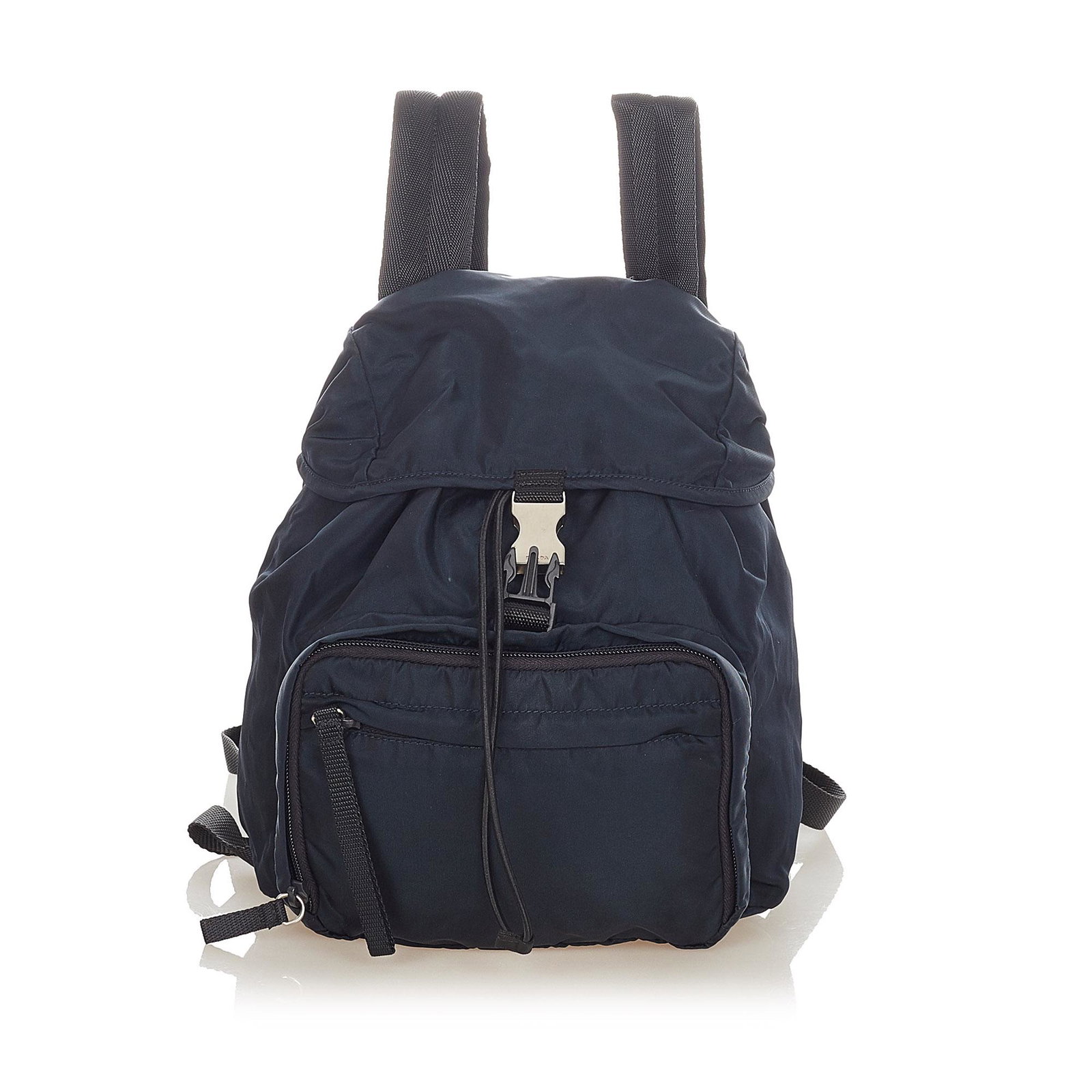 Authentic Prada Tessuto Drawstring Backpack: This item qualifies for FREE DOMESTIC SHIPPING to customers in the USA This backpack features a nylon body an exterior front zip pocket flat back straps flat top handle top flap with buckle closures a