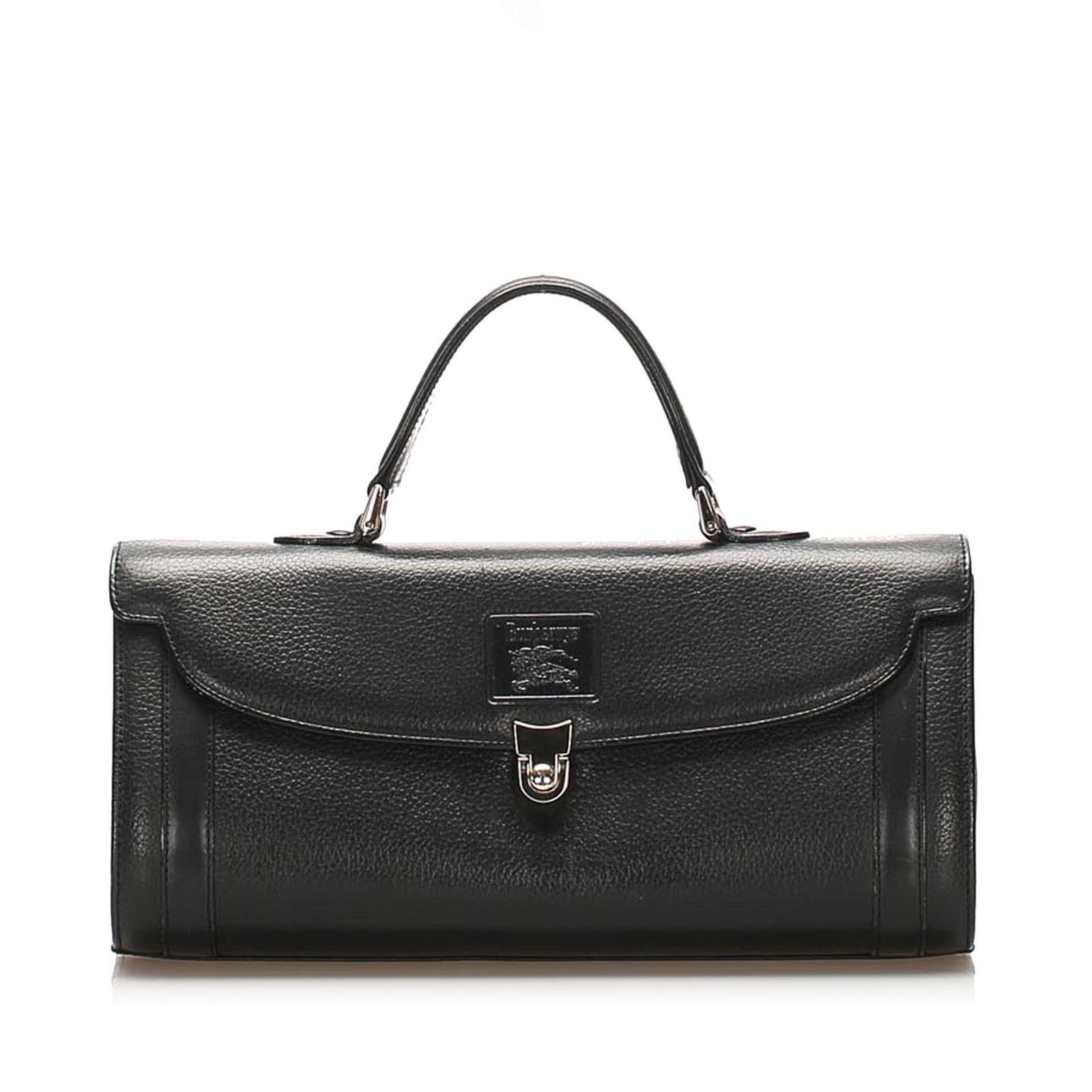 Authentic Burberry Leather Handbag: This item qualifies for FREE DOMESTIC SHIPPING to customers in the USA This handbag features a leather body a flat top handle a front flap with a stud closure and interior zip and open pockets. Brand: