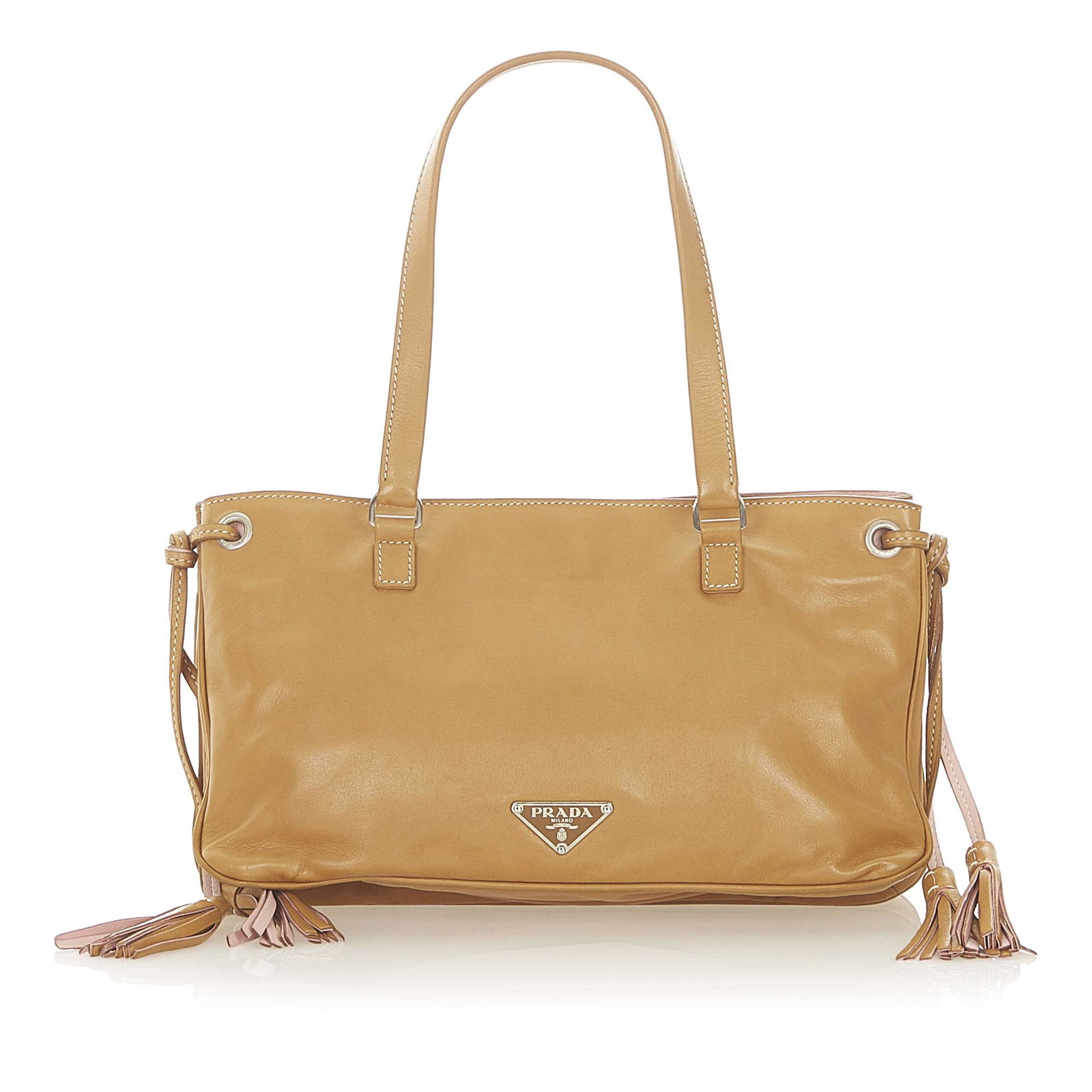 Authentic Prada Leather Shoulder bag: This item qualifies for FREE DOMESTIC SHIPPING to customers in the USA This shoulder bag features a leather body a front exterior slip pocket with a tassel flat leather straps a drawstring closure wit