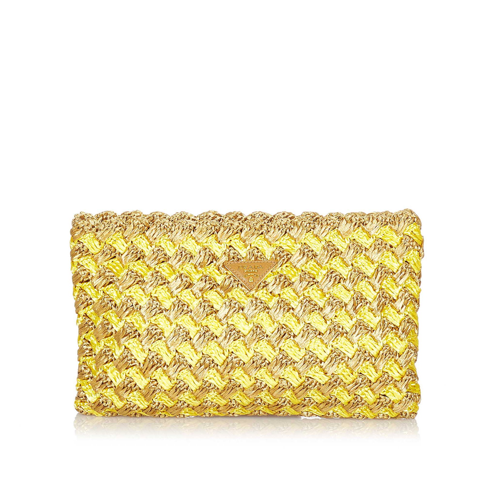 Authentic Prada Raffia Crochet Clutch Bag: This item qualifies for FREE DOMESTIC SHIPPING to customers in the USA This clutch bag features a woven raffia body and a top zip closure. Brand: Prada Model: Raffia Crochet Clutch Bag Origin: Italy C