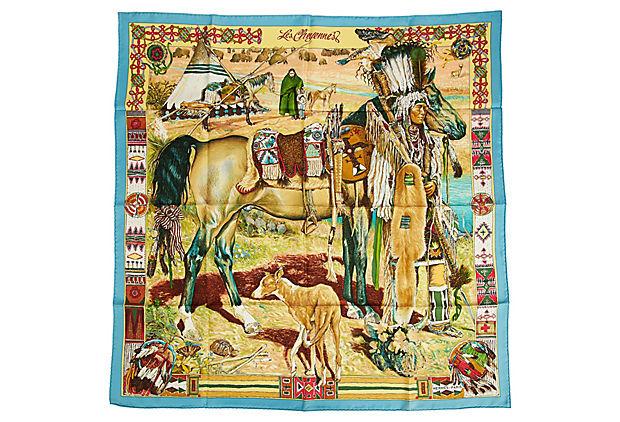Authentic Hermes Cheyenne Scarf: This item qualifies for FREE DOMESTIC SHIPPING to customers in the USA Condition: New Era: Contemporary; 2000s Dimensions: 35" L x 35" W Materials: silk Color: blue/yellow Hermes blue-and-yellow silk 