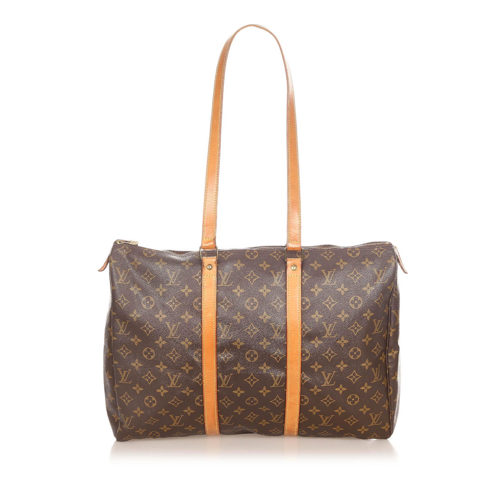 Authentic Louis Vuitton Monogram Sac Flanerie 45: This item qualifies for FREE DOMESTIC SHIPPING to customers in the USA The Sac Flanerie 45 features the monogram canvas flat vachetta shoulder straps and trim a top zip closure and an interior slip po