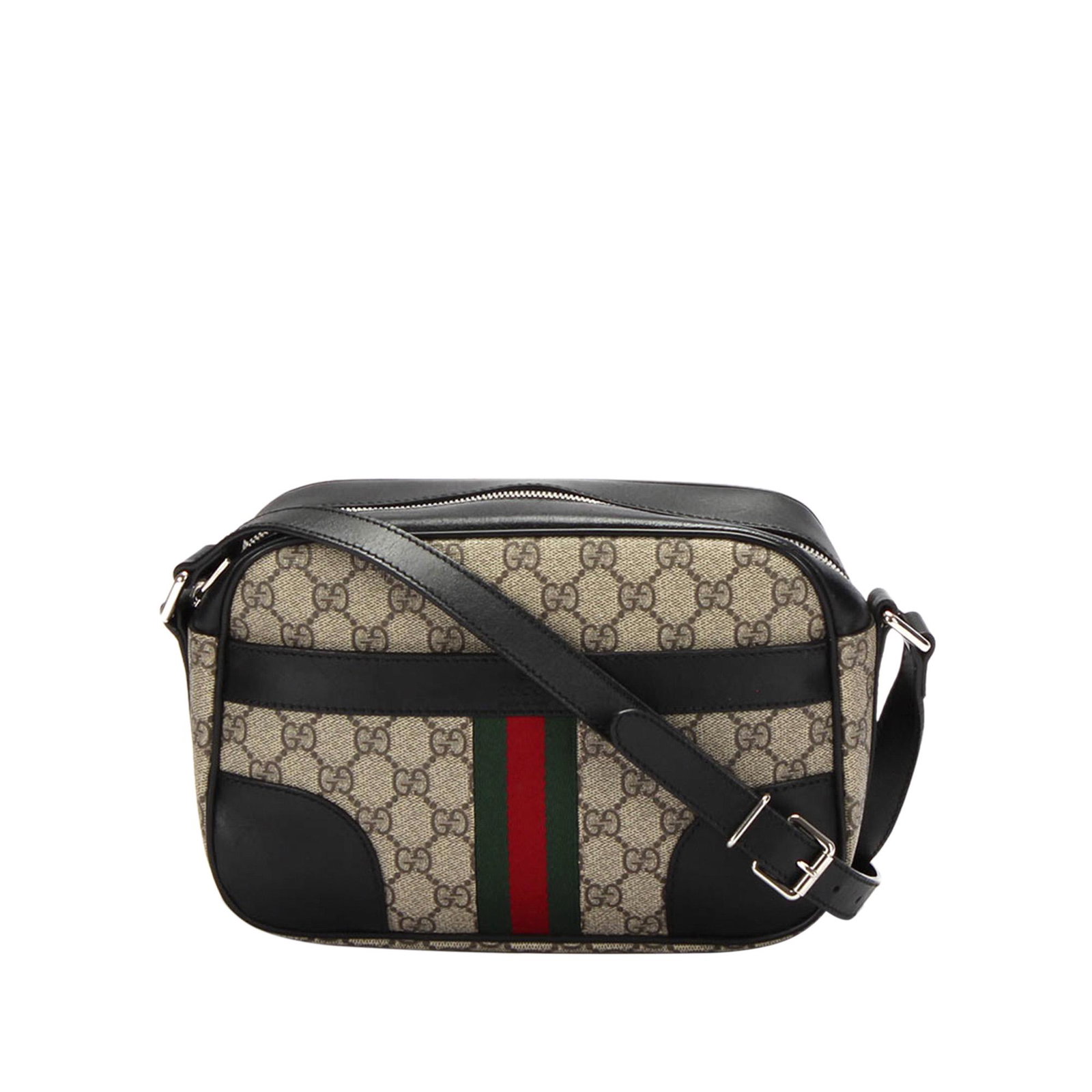 Authentic Gucci GG Supreme Web Crossbody bag: This item qualifies for FREE DOMESTIC SHIPPING to customers in the USA This crossbody bag features a coated canvas body with leather trim a flat leather strap and a top zip closure. Brand: Gucci Model