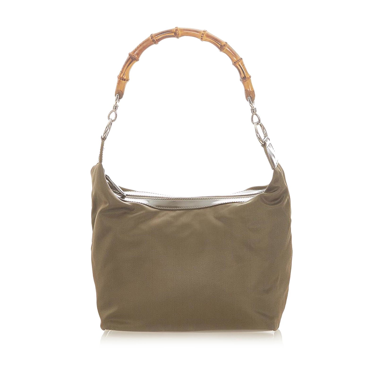 Authentic Gucci Bamboo Canvas Handbag: This item qualifies for FREE DOMESTIC SHIPPING to customers in the USA This handbag features a canvas body with leather trim a bamboo handle an open top with magnetic snap button closure and an interi