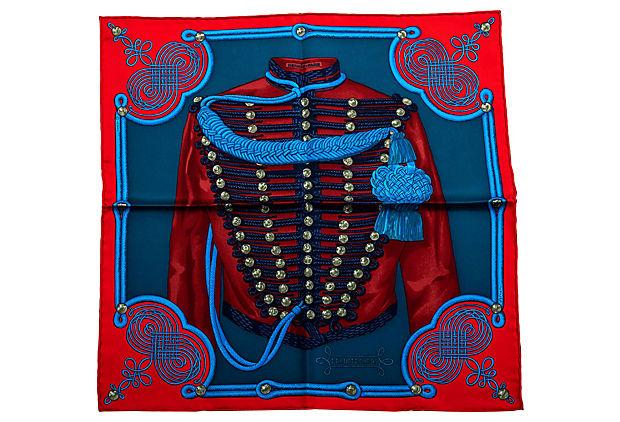 Authentic Hermes Blue Brandebourgs Scarf: This item qualifies for FREE DOMESTIC SHIPPING to customers in the USA Condition: New Era: Contemporary; 2000s Dimensions: 16.5" L x 16.5" W Materials: silk Color: blue/red Hermes limited edition blue