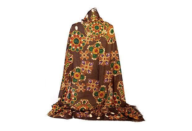 Authentic Chanel 90s Brown Gripoix Cashmere Shawl: This item qualifies for FREE DOMESTIC SHIPPING to customers in the USA Condition: Excellent Era: Contemporary; 1990s Dimensions: 54" L x 54" W Materials: 52%silk 48% cashmere Color: brown multicolor C