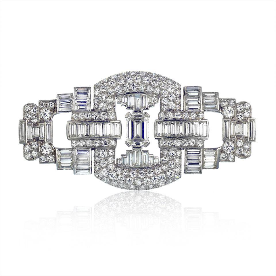 Authentic Bert H. Satz Art Deco Platinum Diamond Brooch: This item qualifies for FREE DOMESTIC SHIPPING to customers in the USA Type: Brooches Metal: Platinum Grams: 18.5 Approximate Diamond Weight: 7 Cts Measurements: 2.12 in. (5.4 cm.) Condition: Excellen