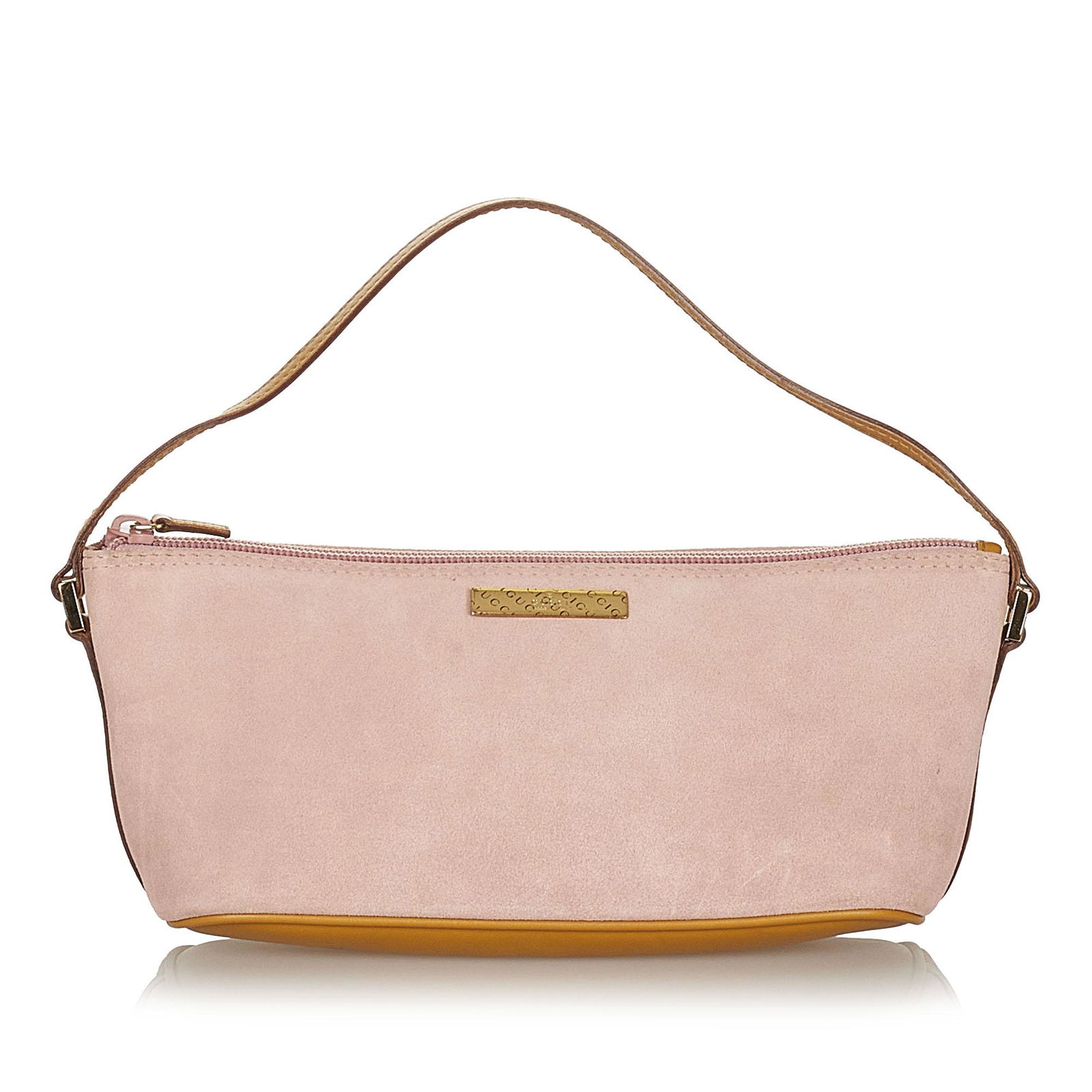 Authentic Gucci Boat Suede Baguette: This item qualifies for FREE DOMESTIC SHIPPING to customers in the USA This baguette features a suede body with leather trim a flat leather strap and a top zip closure. Brand: Gucci Model: Boat Suede