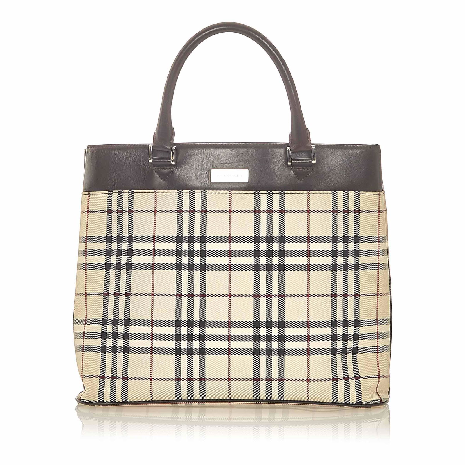 Authentic Burberry House Check Canvas Tote Bag: This item qualifies for FREE DOMESTIC SHIPPING to customers in the USA This tote bag features a canvas body with leather trim rolled leather handles a top zip closure and an interior zip pocket. Brand