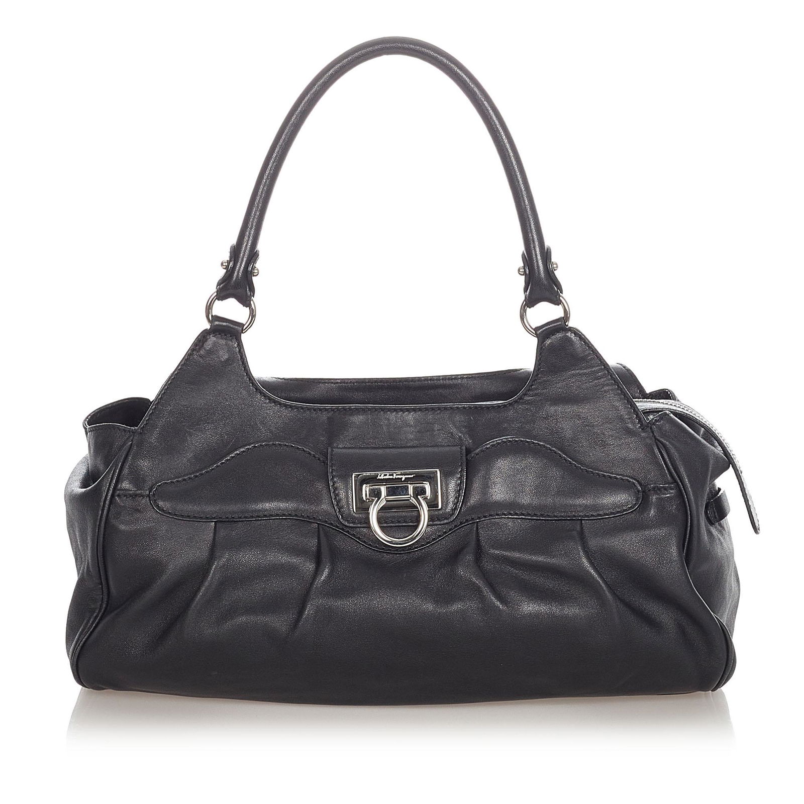 Authentic Ferragamo Gancini Leather Handbag: This item qualifies for FREE DOMESTIC SHIPPING to customers in the USA This handbag features a leather body rolled handles and a top zip closure. Brand: Ferragamo Model: Gancini Leather Handbag Origin
