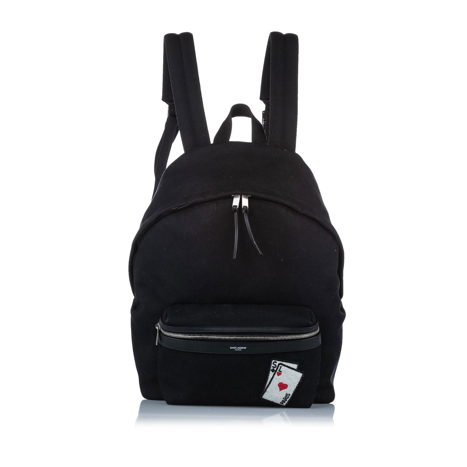 Authentic YSL Playing Cards City Canvas Backpack: This item qualifies for FREE DOMESTIC SHIPPING to customers in the USA The City backpack features a canvas body an exterior front zip pocket with leather trim a flat top handle flat back straps a top