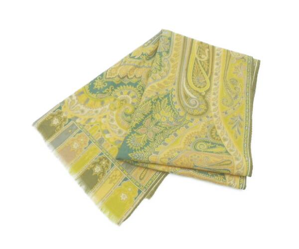 Authentic ETRO Wool Silk Long Stole: This item qualifies for FREE DOMESTIC SHIPPING to customers in the USA Brand: Etro Type: Stole Material: Wool ,70% ,Silk ,30% Color: Green, Yellow Condition: Used (good) Damage Ranking: Surface ,Hole