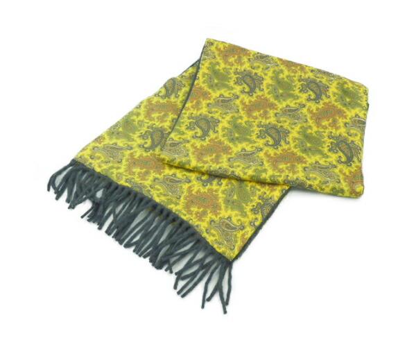 Authentic ETRO Silk Cashmere Paisley Muffler: This item qualifies for FREE DOMESTIC SHIPPING to customers in the USA Brand: Etro Material: Silk ,100% Color: Multi-color, Yellow Condition: Used (very good) Size (LxW): 29cm x 1.46m / 11.41'' x 57.4