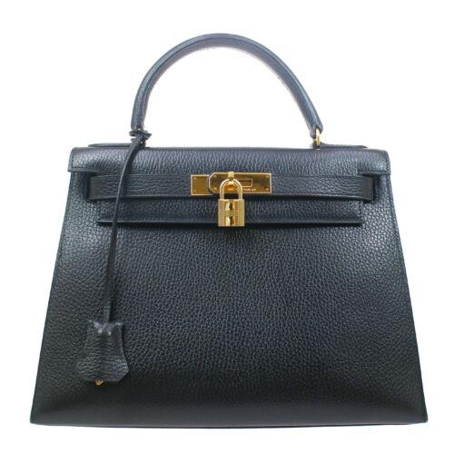 Authentic HERMES KELLY 28 SELLIER 2way Hand Bag: This item qualifies for FREE DOMESTIC SHIPPING to customers in the USA Size: Medium Pattern: SELLIER Accents: Logo Features: Adjustable Strap Bottom Studs Inner Pockets Model: HERMÃƒË†S Kelly 28 