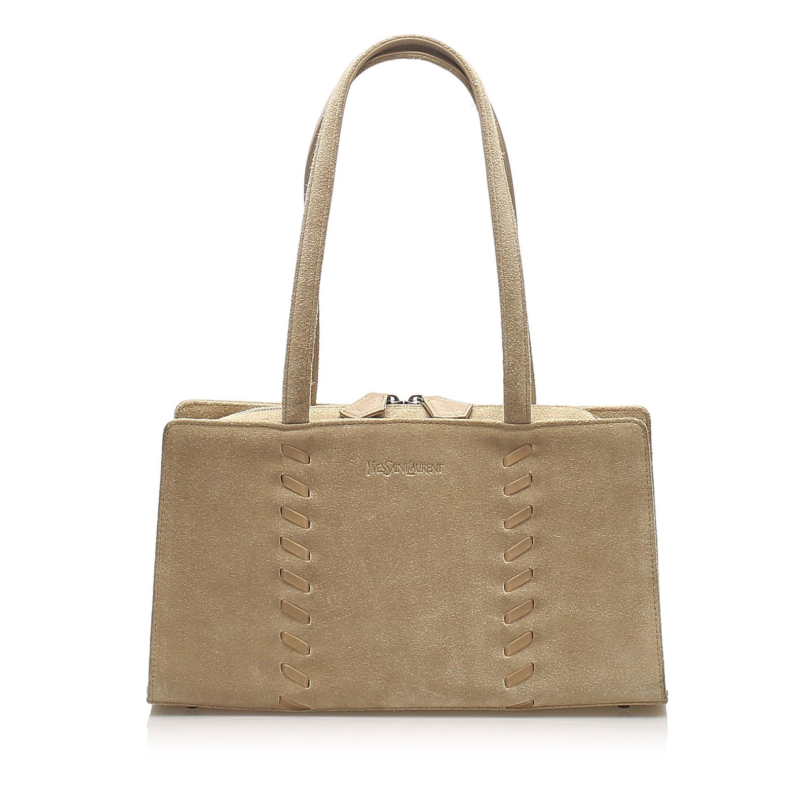 Authentic YSL Suede Shoulder Bag: This item qualifies for FREE DOMESTIC SHIPPING to customers in the USA This shoulder bag features a suede leather body flat leather straps a top zip closure and an interior zip pocket. Brand: YSL Mode