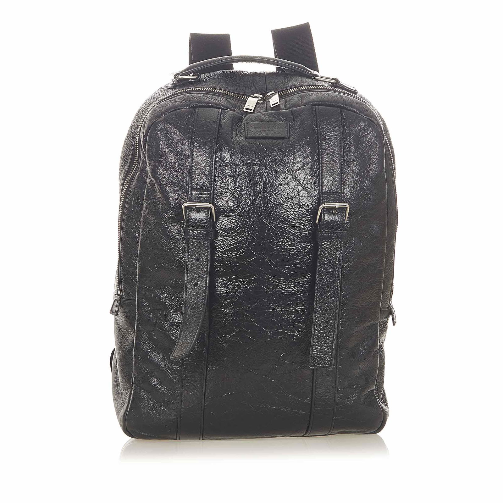 Authentic YSL Leather Backpack: This item qualifies for FREE DOMESTIC SHIPPING to customers in the USA This backpack features a leather body a flat top handle flat back straps a top zip closure and an interior zip pocket. Brand: YSL