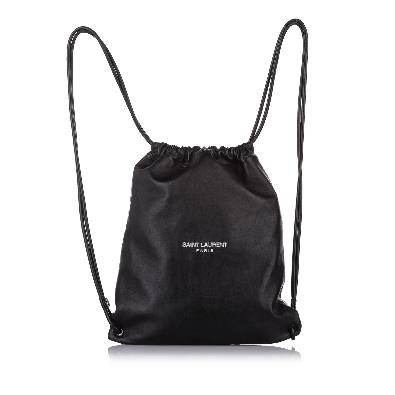 Authentic YSL Teddy Drawstring Leather Backpack: This item qualifies for FREE DOMESTIC SHIPPING to customers in the USA This backpack features a leather body rolled back straps and an open top with a drawstring closure. Brand: YSL Model: Teddy Draws