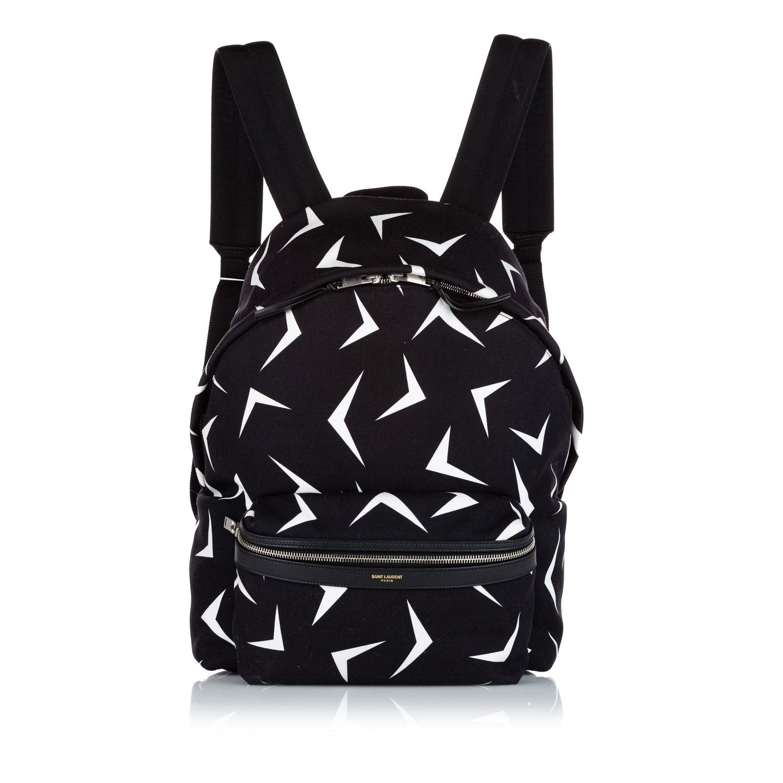 Authentic YSL Boomerang Printed Canvas Backpack: This item qualifies for FREE DOMESTIC SHIPPING to customers in the USA The Boomerang backpack features a printed canvas body a front exterior zip compartment with leather trim a flat top handle dual f